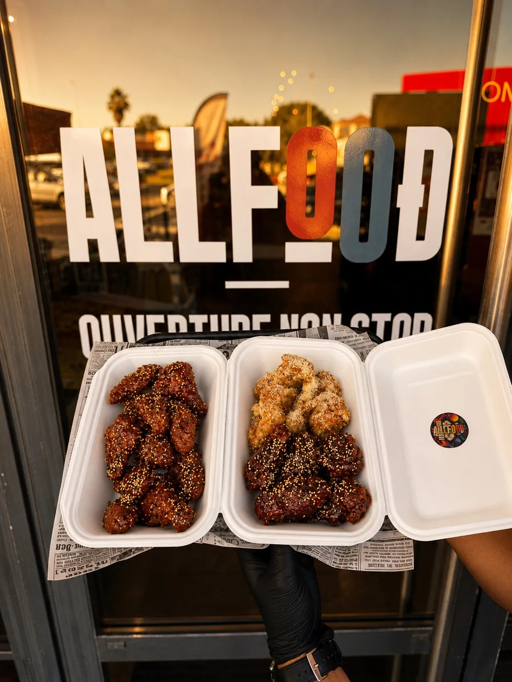 Boîtes de poulet devant l'enseigne ALL FOOD à Montpellier
